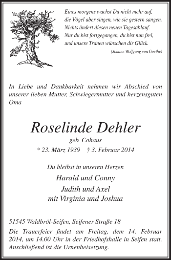 Anzeige von Rosehnde Dehler von  Lokalanzeiger 