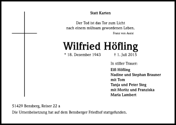 Anzeige von Wilfried Höfling von Kölner Stadt-Anzeiger / Kölnische Rundschau / Express