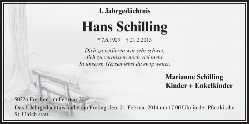  Traueranzeige für Hans Schilling vom 15.02.2014 aus  Sonntags-Post 