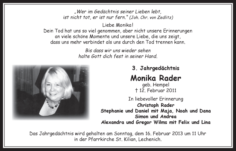  Traueranzeige für Monika Rader vom 12.02.2014 aus  Werbepost 