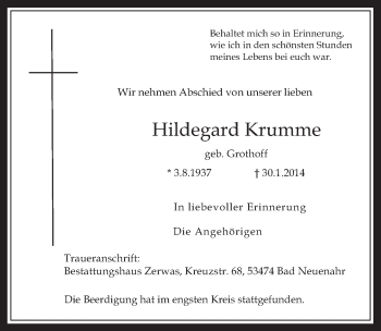 Anzeige von Hildegard Krumme von  Werbepost 