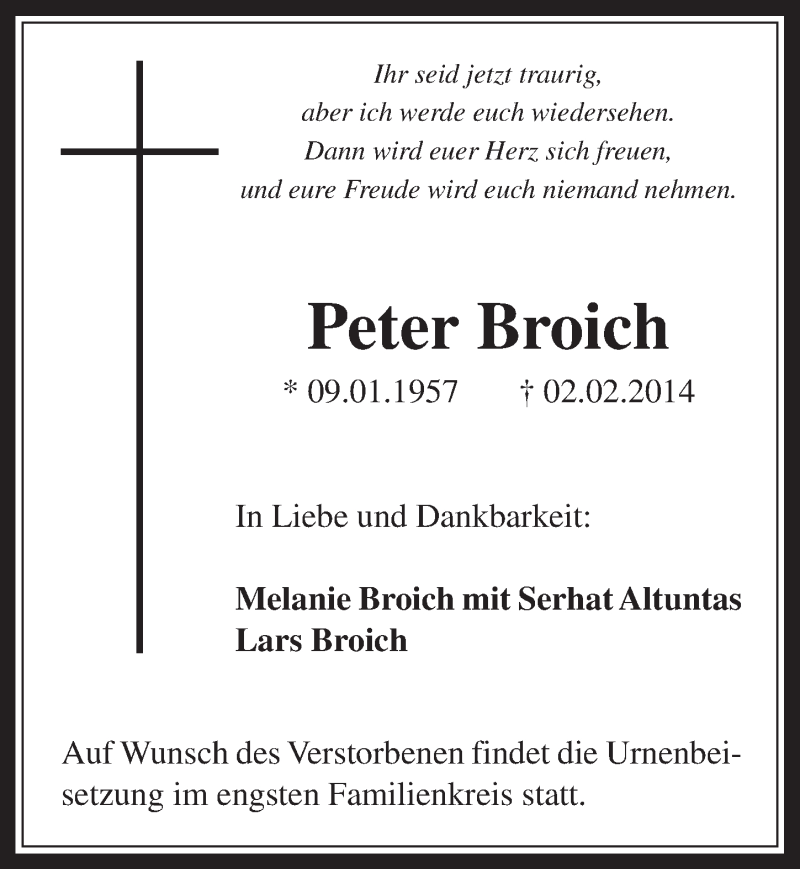  Traueranzeige für Peter Broich vom 12.02.2014 aus  Werbepost 
