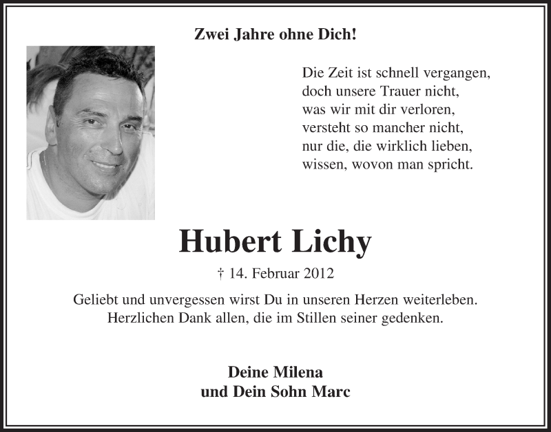  Traueranzeige für Hubert Lichy vom 12.02.2014 aus  Bergisches Handelsblatt 