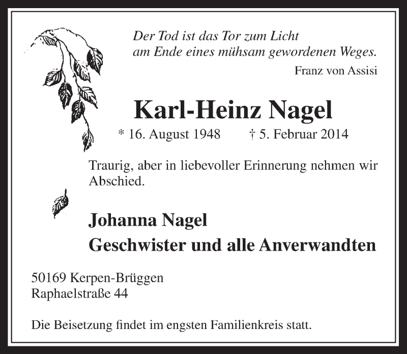  Traueranzeige für Karl-Heinz Nagel vom 12.02.2014 aus  Werbepost 