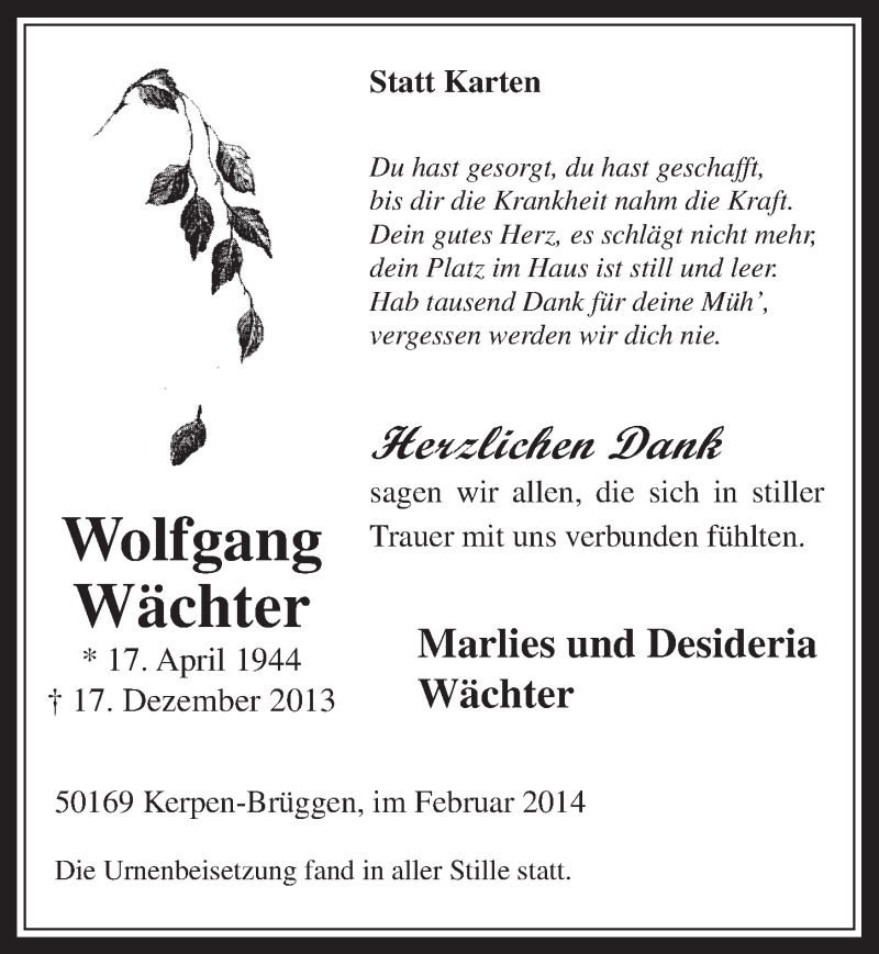  Traueranzeige für Wolfgang Wächter vom 12.02.2014 aus  Werbepost 