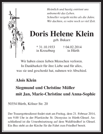Anzeige von Doris Helene Klein von  Wochenende 