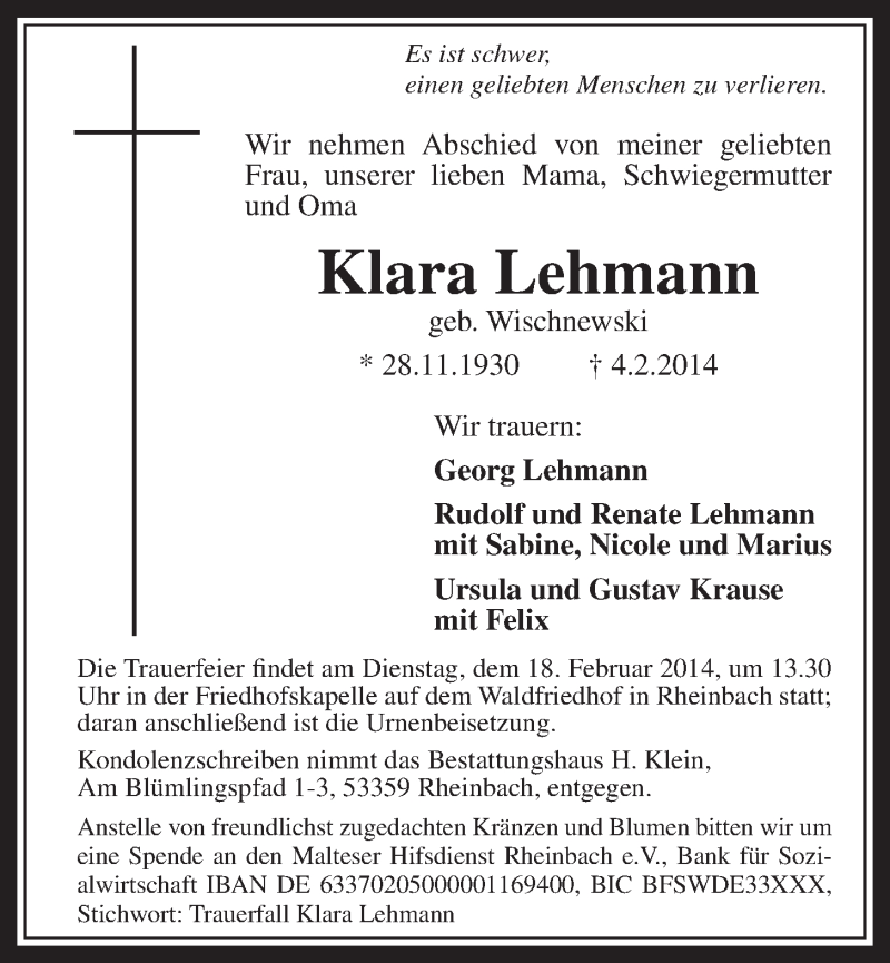  Traueranzeige für Klara Lehmann vom 12.02.2014 aus  Schaufenster/Blickpunkt 