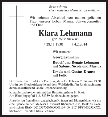 Anzeige von Klara Lehmann von  Schaufenster/Blickpunkt 