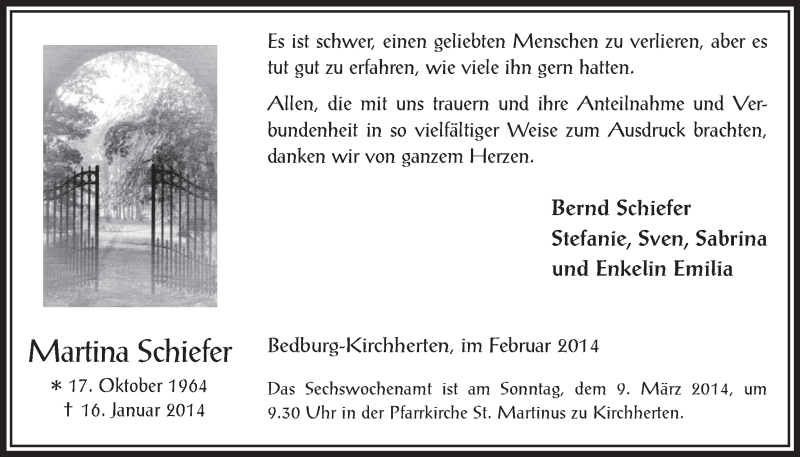  Traueranzeige für Martina Schiefer vom 26.02.2014 aus  Werbepost 