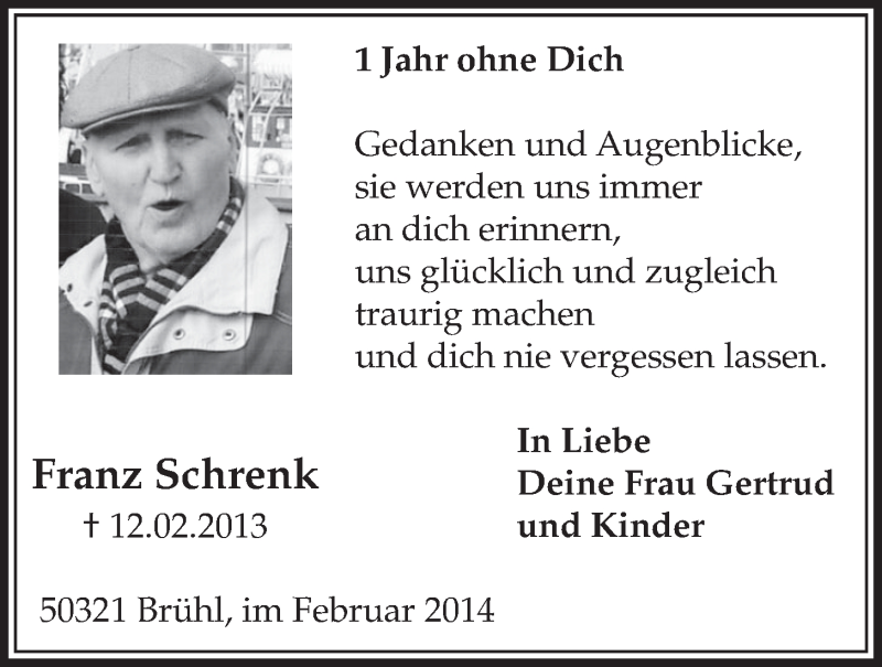  Traueranzeige für Franz Schrenk vom 12.02.2014 aus  Schlossbote/Werbekurier 