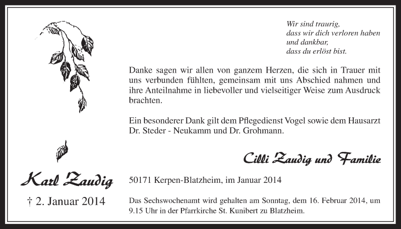  Traueranzeige für Karl Zaudig vom 12.02.2014 aus  Werbepost 