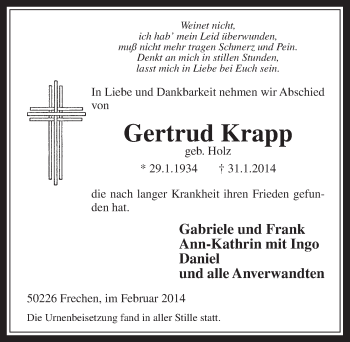 Anzeige von Gertrud Krapp von  Wochenende 