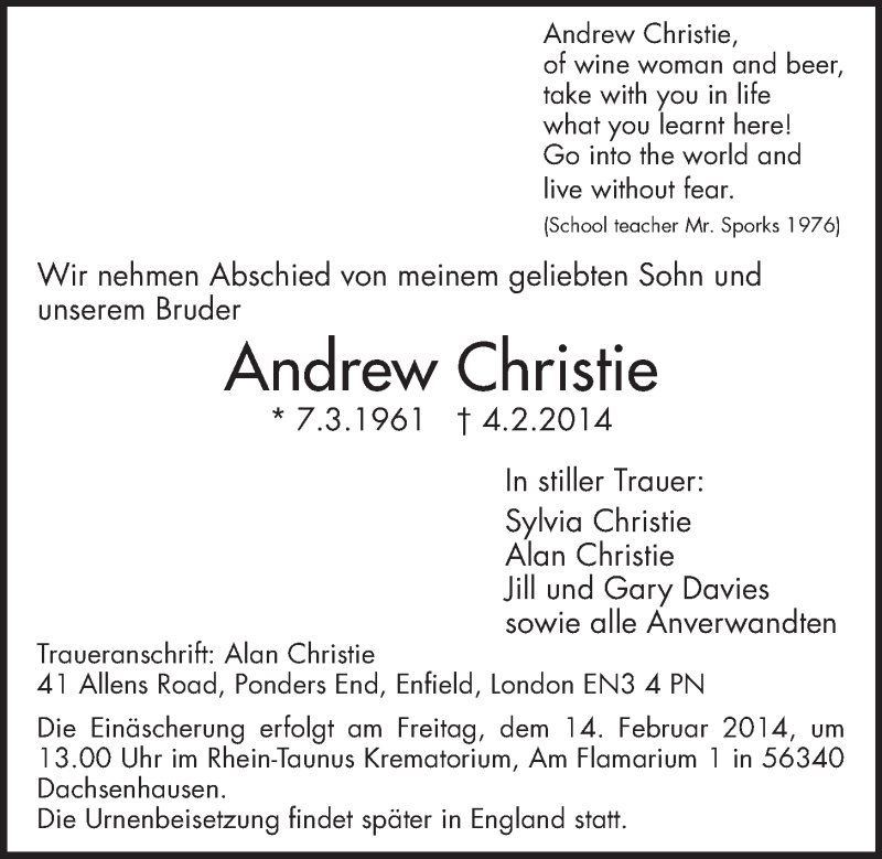  Traueranzeige für Andrew Christie vom 12.02.2014 aus  Schaufenster/Blickpunkt 