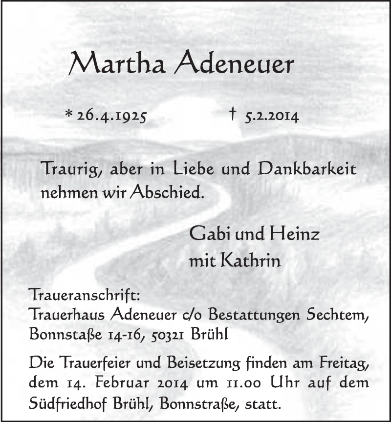  Traueranzeige für Martha Adeneuer vom 12.02.2014 aus  Schlossbote/Werbekurier 
