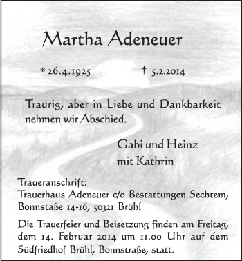 Anzeige von Martha Adeneuer von  Schlossbote/Werbekurier 