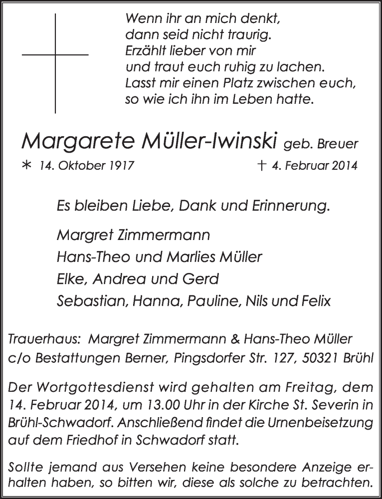  Traueranzeige für Margarete Müller-Iwinski vom 12.02.2014 aus  Wochenende 