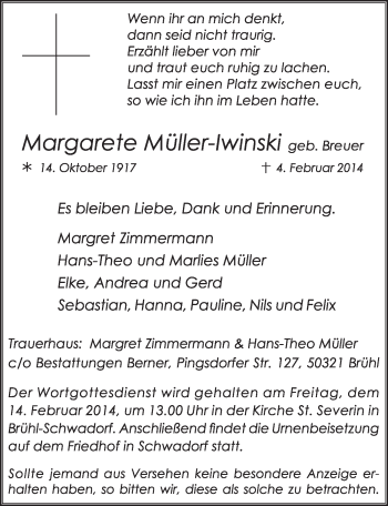 Anzeige von Margarete Müller-Iwinski von  Wochenende 