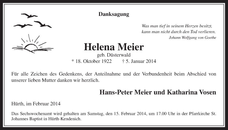  Traueranzeige für Helena Meier vom 12.02.2014 aus  Wochenende 