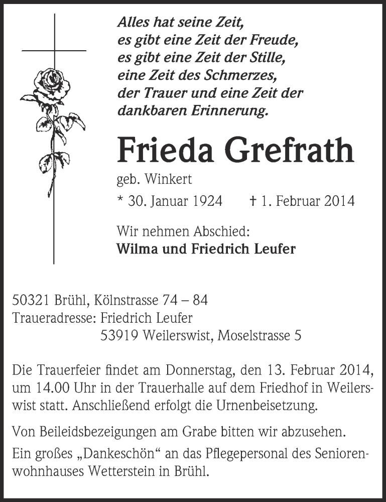  Traueranzeige für Frieda Grefrath vom 12.02.2014 aus  Schlossbote/Werbekurier 
