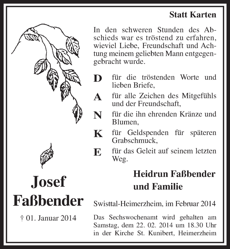  Traueranzeige für Josef Faßbender vom 12.02.2014 aus  Schaufenster/Blickpunkt 