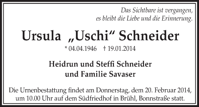  Traueranzeige für Ursula Schneider vom 12.02.2014 aus  Schlossbote/Werbekurier 