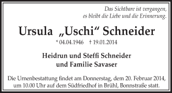 Anzeige von Ursula Schneider von  Schlossbote/Werbekurier 