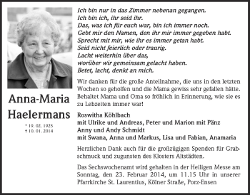 Anzeige von Anna-Maria Haelermans von  Kölner Wochenspiegel 
