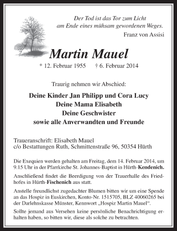Anzeige von Martin Mauel von  Wochenende 
