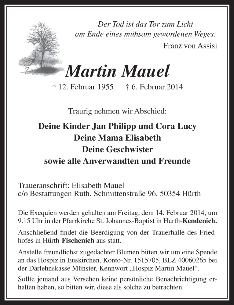  Traueranzeige für Martin Mauel vom 09.02.2014 aus  Blickpunkt Euskirchen 