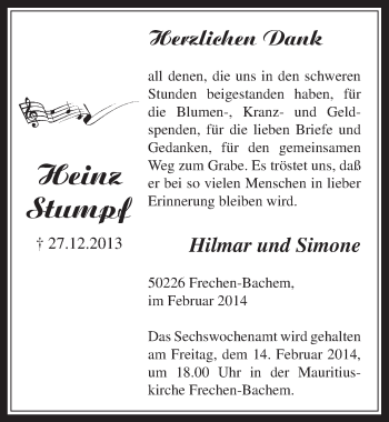 Anzeige von Heinz Stumpf von  Wochenende 