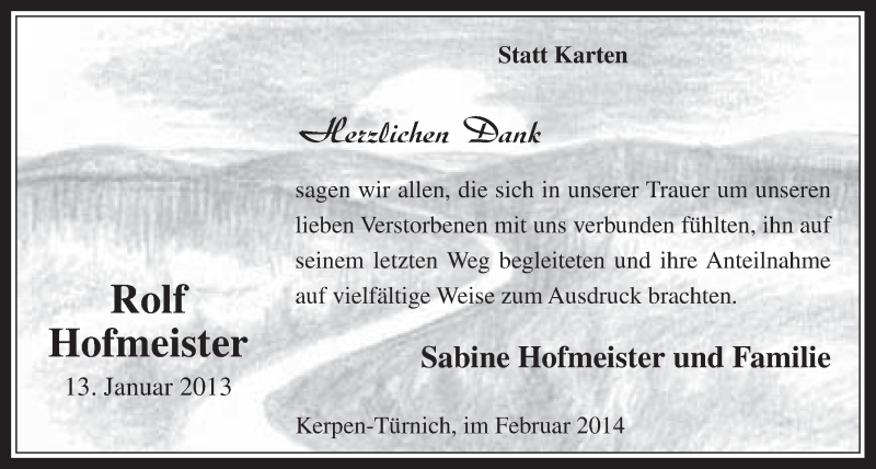  Traueranzeige für Rolf Hofmeister vom 12.02.2014 aus  Werbepost 