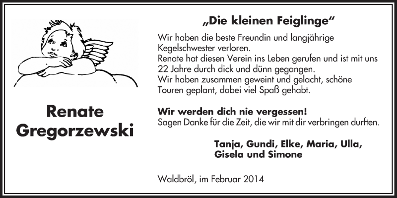  Traueranzeige für Renate Gregorzewski vom 12.02.2014 aus  Lokalanzeiger 