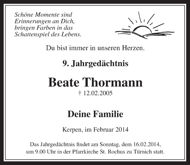  Traueranzeige für Beate Thormann vom 12.02.2014 aus  Werbepost 