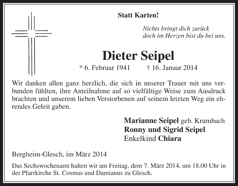  Traueranzeige für Dieter Seipel vom 05.03.2014 aus  Werbepost 