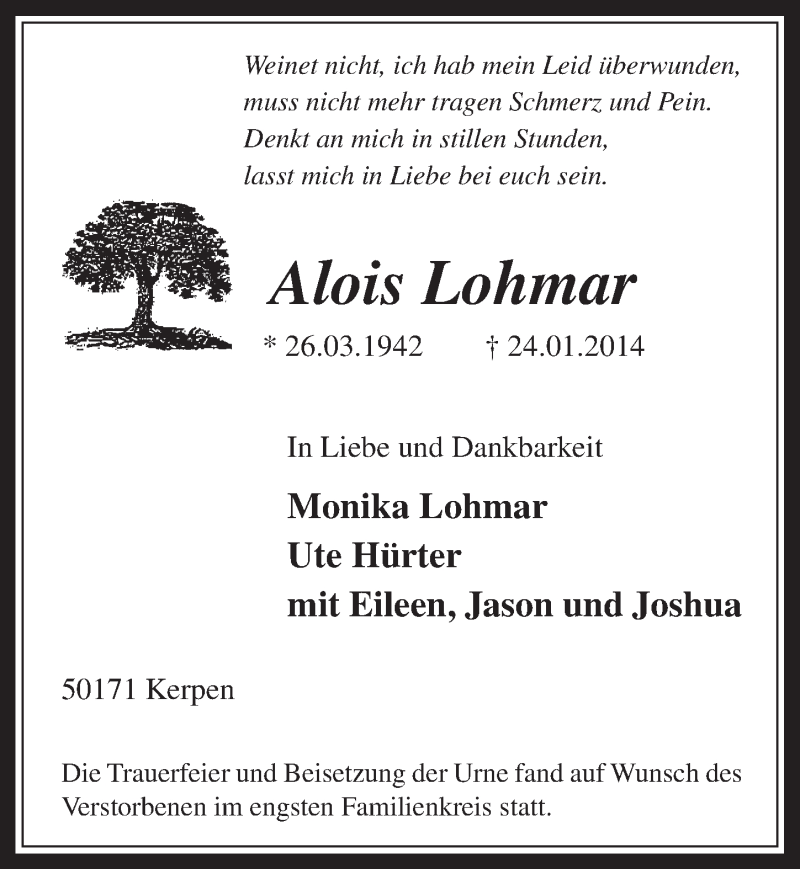  Traueranzeige für Alois Lohmar vom 12.02.2014 aus  Werbepost 
