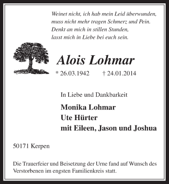 Anzeige von Alois Lohmar von  Werbepost 