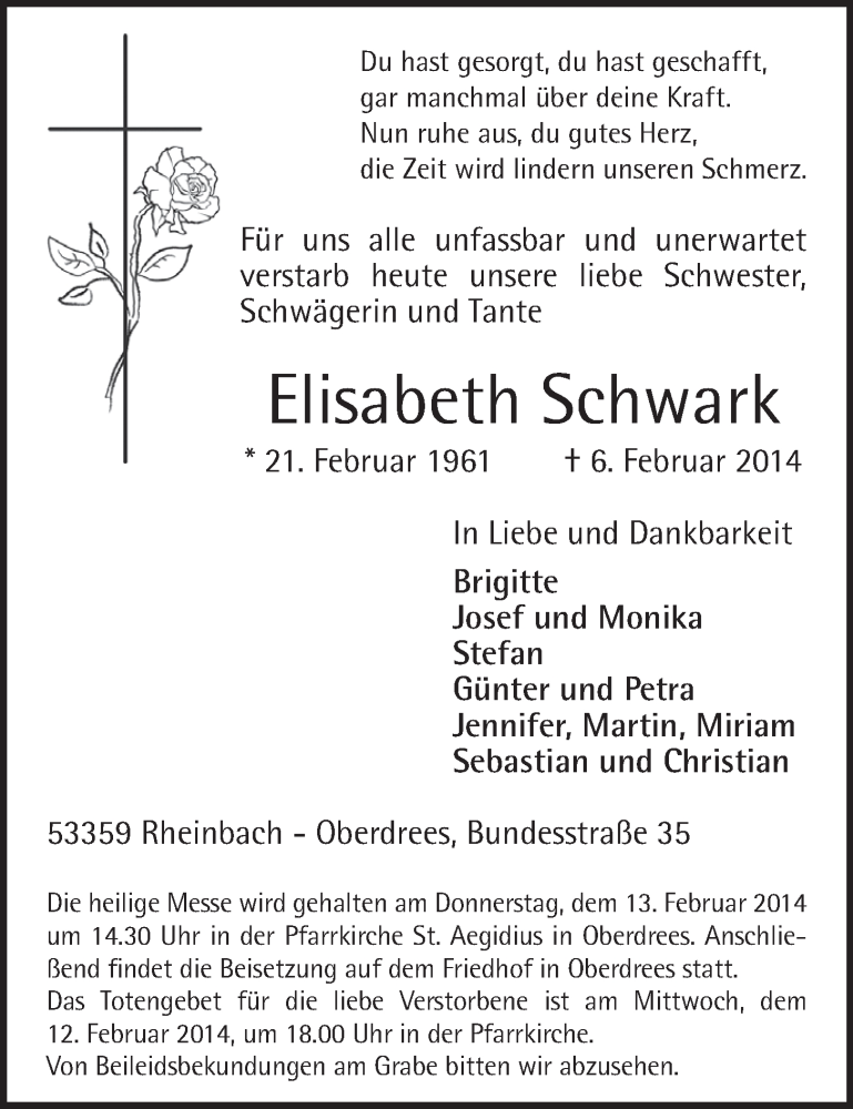  Traueranzeige für Elisabeth Schwark vom 12.02.2014 aus  Schaufenster/Blickpunkt 