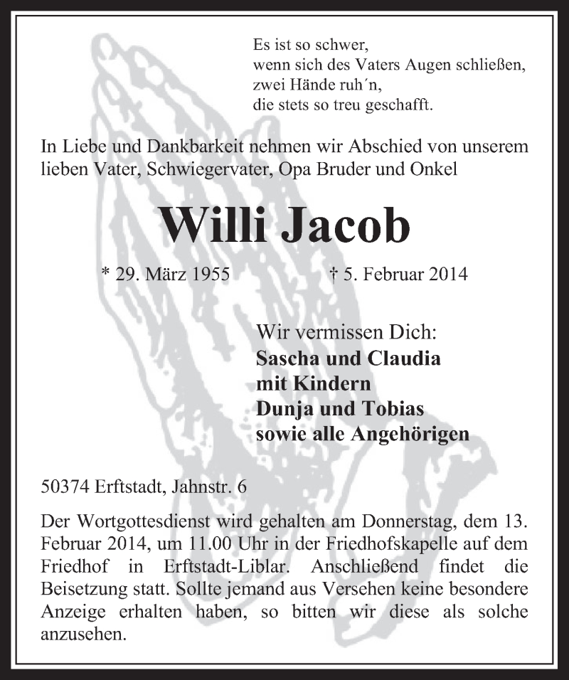  Traueranzeige für Willi Jacob vom 12.02.2014 aus  Werbepost 