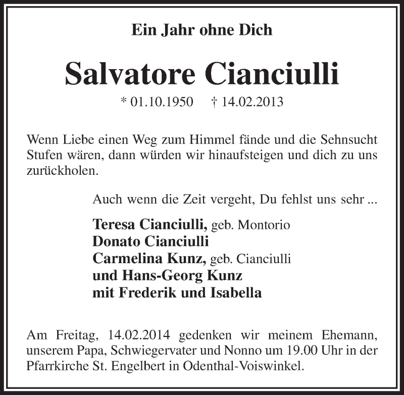  Traueranzeige für Salvatore Cianciulli vom 12.02.2014 aus  Bergisches Handelsblatt 