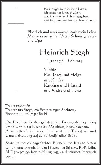 Anzeige von Heinrich Stegh von  Schlossbote/Werbekurier 