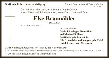 Anzeige von Else Braunöhler von  Lokalanzeiger 
