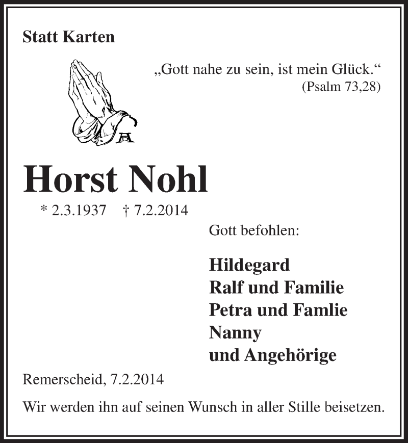  Traueranzeige für Horst Nohl vom 12.02.2014 aus  Anzeigen Echo 