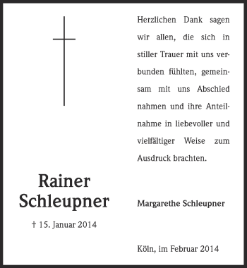 Anzeige von Rainer Schleupner von  Kölner Wochenspiegel 