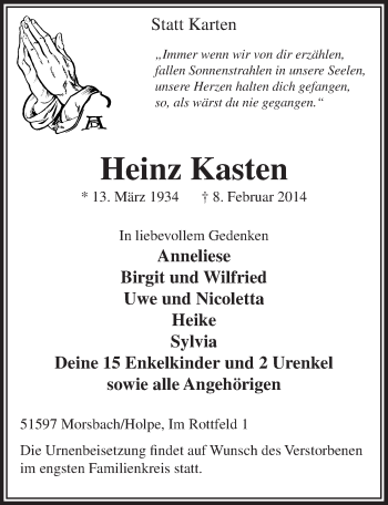 Anzeige von Heinz Kasten von  Lokalanzeiger 