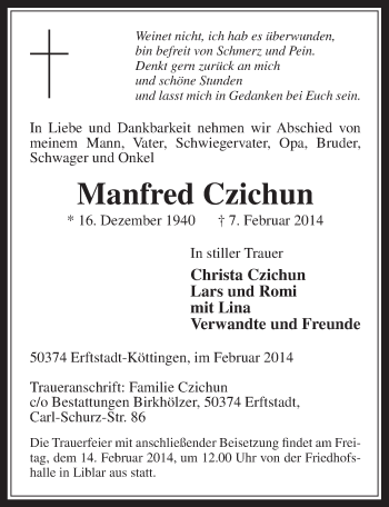 Anzeige von Manfred Czichun von  Werbepost 