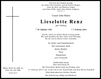 Anzeige von Lieselotte Renz von  Kölner Wochenspiegel 