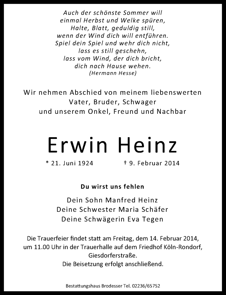  Traueranzeige für Erwin Heinz vom 12.02.2014 aus  Kölner Wochenspiegel 