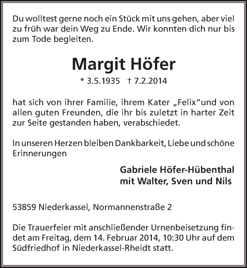  Traueranzeige für Margit Höfer vom 12.02.2014 aus  Extra Blatt 