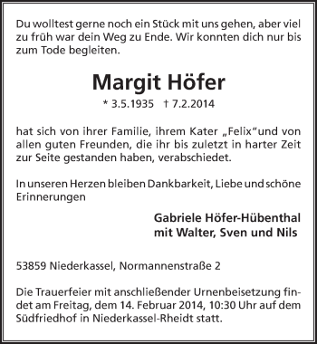 Anzeige von Margit Höfer von  Extra Blatt 