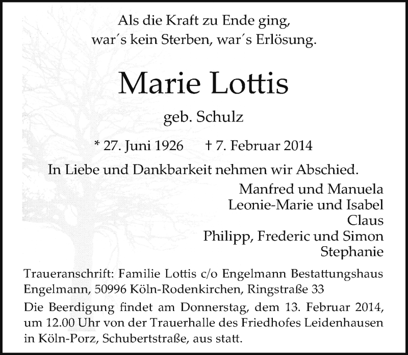  Traueranzeige für Marie Lottis vom 12.02.2014 aus  Kölner Wochenspiegel 